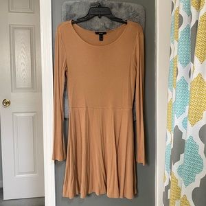 F21 Long Sleeve Ribbed Mid Flare Tan Dress